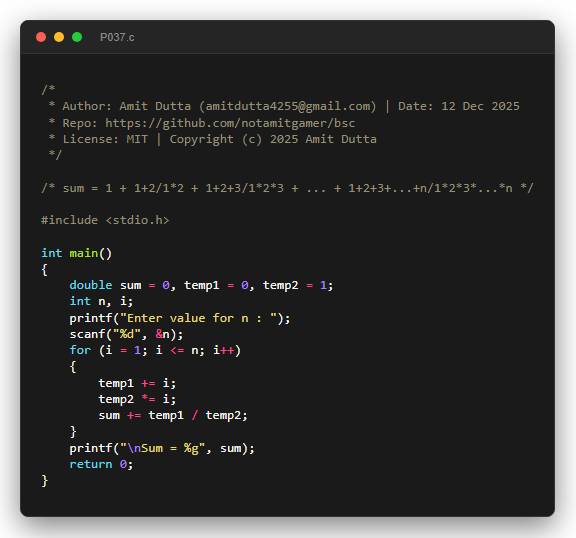 sum = 1 + 1+2/1*2 + 1+2+3/1*2*3 + ... + 1+2+3+...+n/1*2*3*...*n